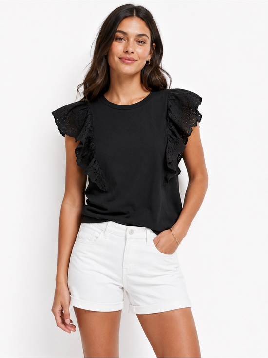 J. Crew Tops - J.Crew Black Eyelet Flutter Sleeve Knit Top Small Feminine Cotton Tee